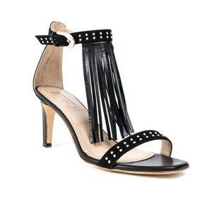 Black Ragazza Heels Made In Italy Size 37 Genuine Leather Fringe Studded US 6.5